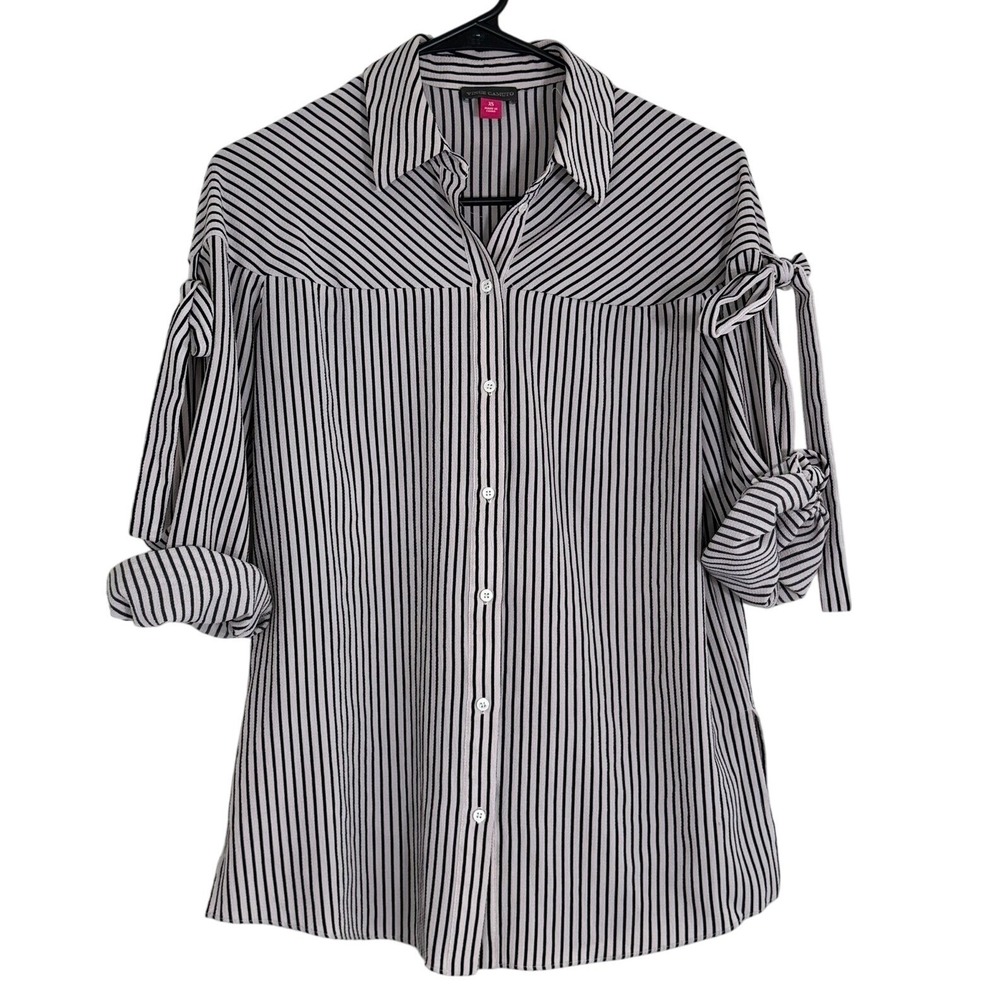 Vince Camuto White Black Striped Bow Sleeve Coastal Button Up Shirt Women's XS - Picture 1 of 4
